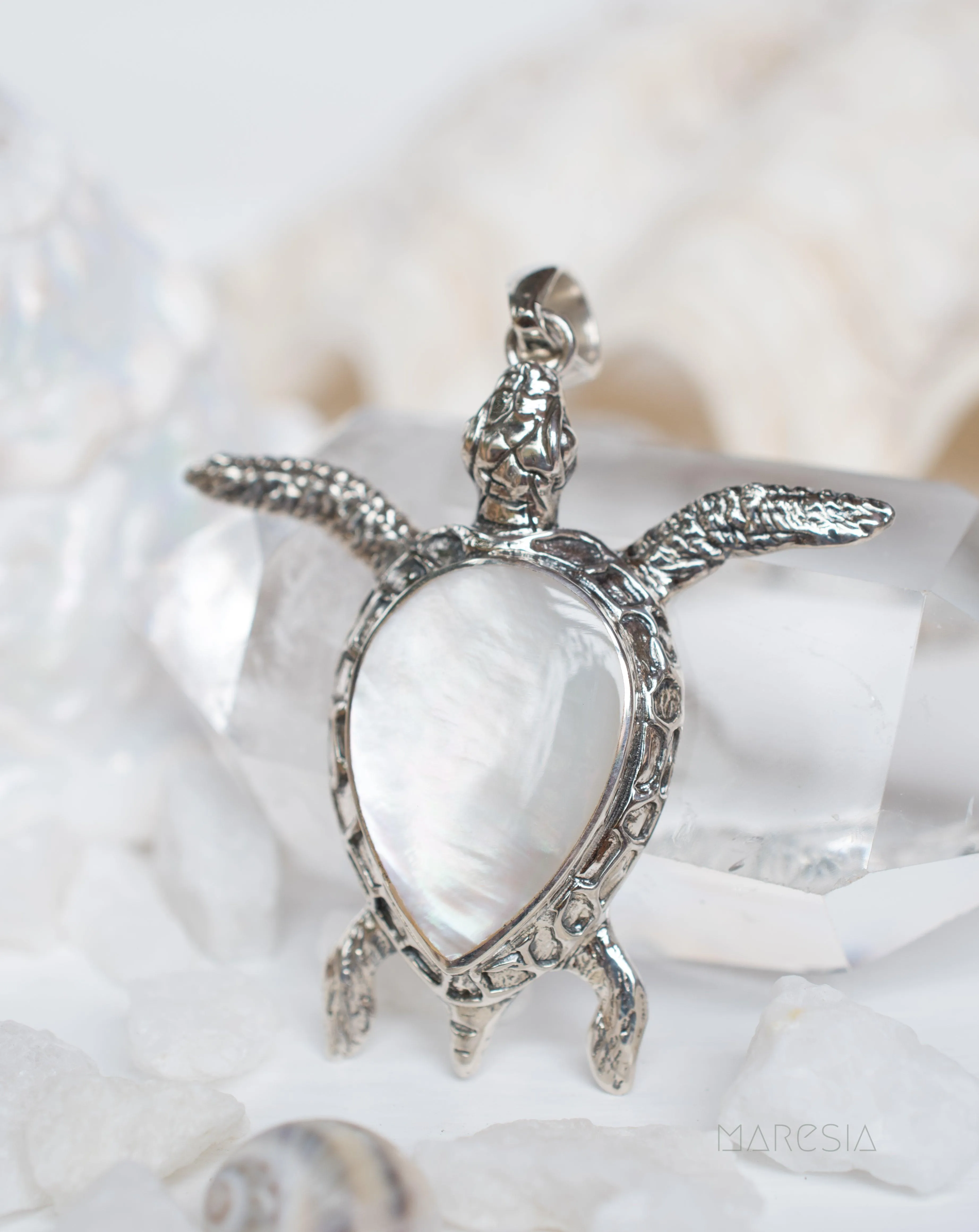 Turtle Large Pendant ~ Mother of Pearl  or Coral ~ Sterling Silver 925 ~SMP027