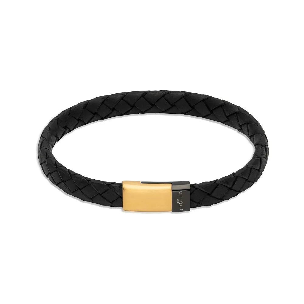 Unique & Co Black Leather Mens Bracelet B495GOLD-19 