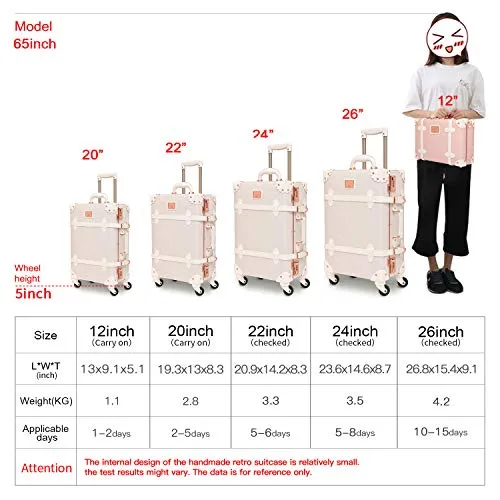 urecity Womens Luxury Vintage Trunk Luggage Set 2 Piece Cute Retro Pink Hardside Suitcase 20"