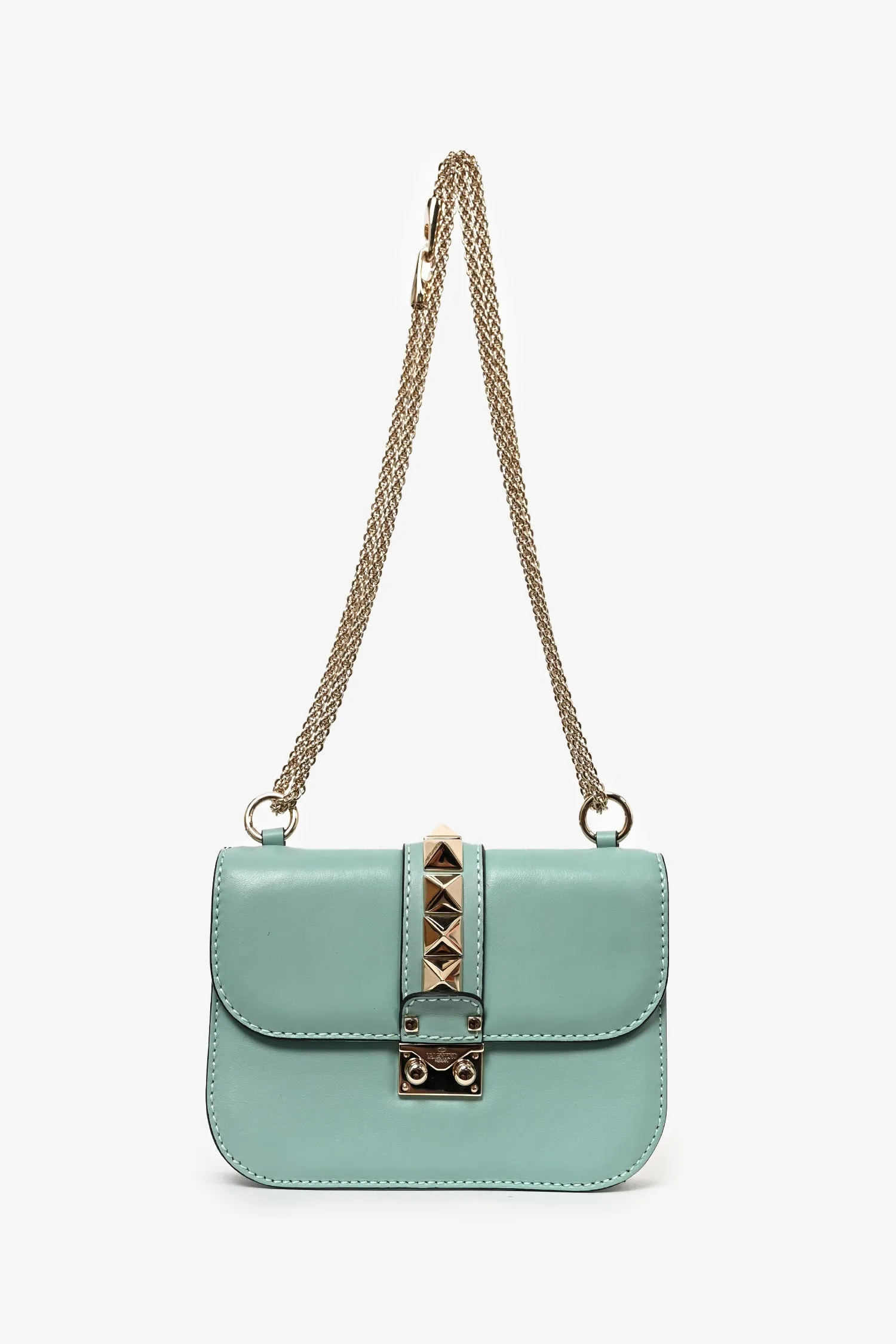 Valentino Teal Blue Leather Small Rockstud Glam Lock Shoulder Bag