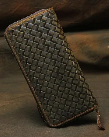 Vintage Braided Brown Leather Men's Clutch Long Wallet Zipper Long Wallet For Men Cyber Monday wallet sale