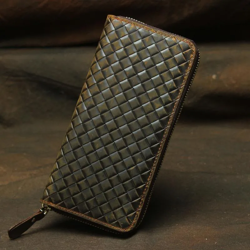 Vintage Braided Brown Leather Men's Clutch Long Wallet Zipper Long Wallet For Men
