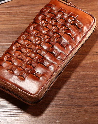 Vintage Braided Leather Mens Long Wallet Zipper Clutch Wallet For Men Cyber Monday wallet sale