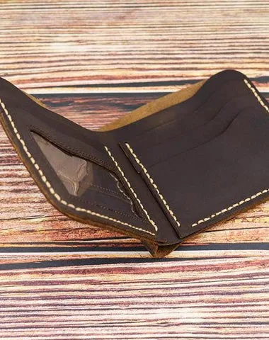 Vintage Dark Brown Leather Men's Small Wallet on sale Bifold billfold Wallet on sale For Men