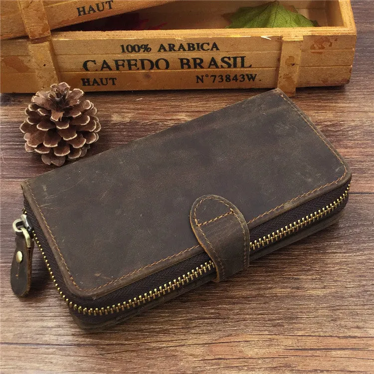 Vintage Leather Long Wallet for Men Bifold Coffee Wallet