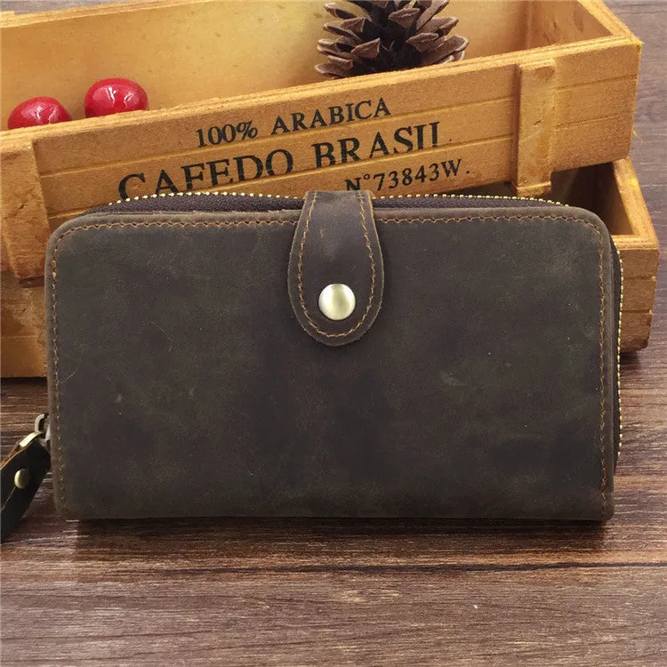 Vintage Leather Long Wallet for Men Bifold Coffee Wallet