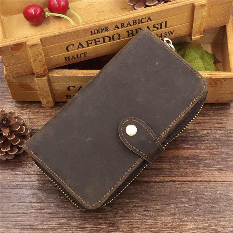 Vintage Leather Long Wallet for Men Bifold Coffee Wallet