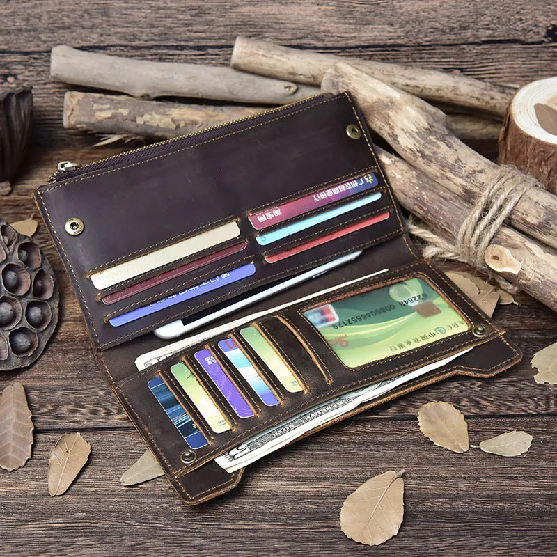 Vintage Leather Long Wallet for Men Bifold Coffee Wallet