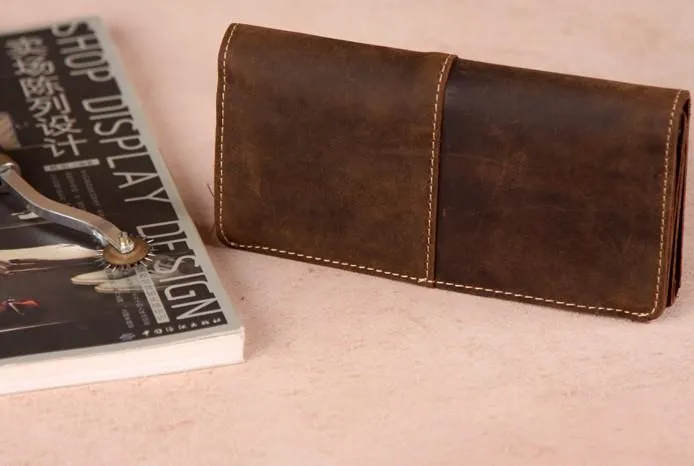 Vintage Leather Long Wallets for men Trifold Men Long Wallet
