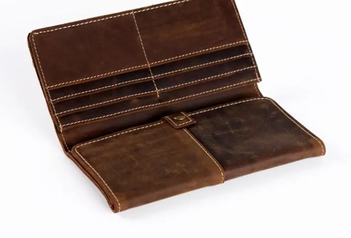 Vintage Leather Long Wallets for men Trifold Men Long Wallet