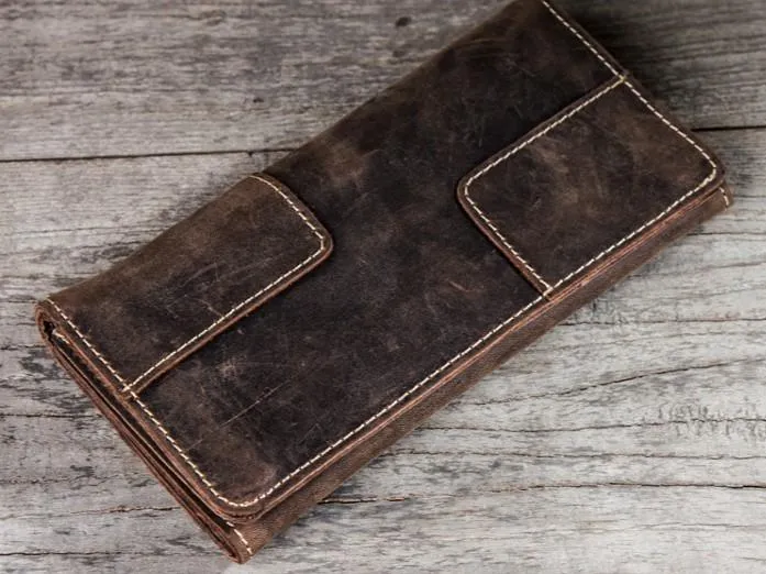 Vintage Leather Long Wallets for men Trifold Men Long Wallet