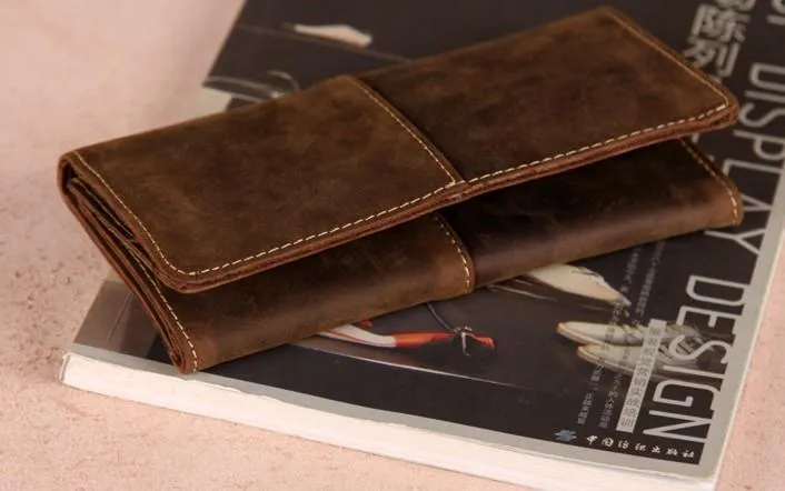 Vintage Leather Long Wallets for men Trifold Men Long Wallet