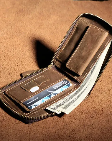 Vintage Leather Men Small Zipper Wallet on sale Bifold billfold Wallet on sale for Men