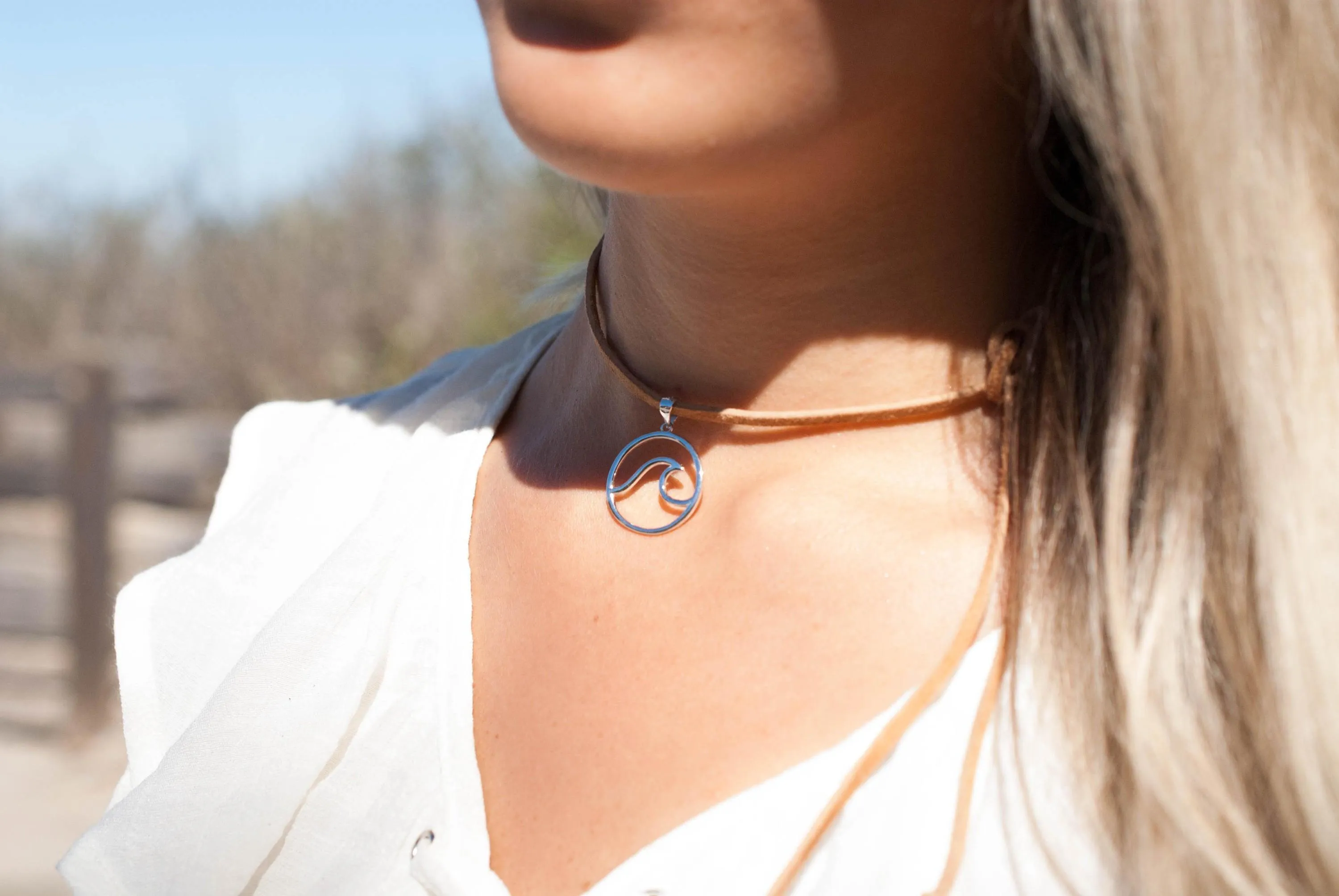 Wave & Leaf ~ Leather Choker ~ Sterling Silver 925~MN037