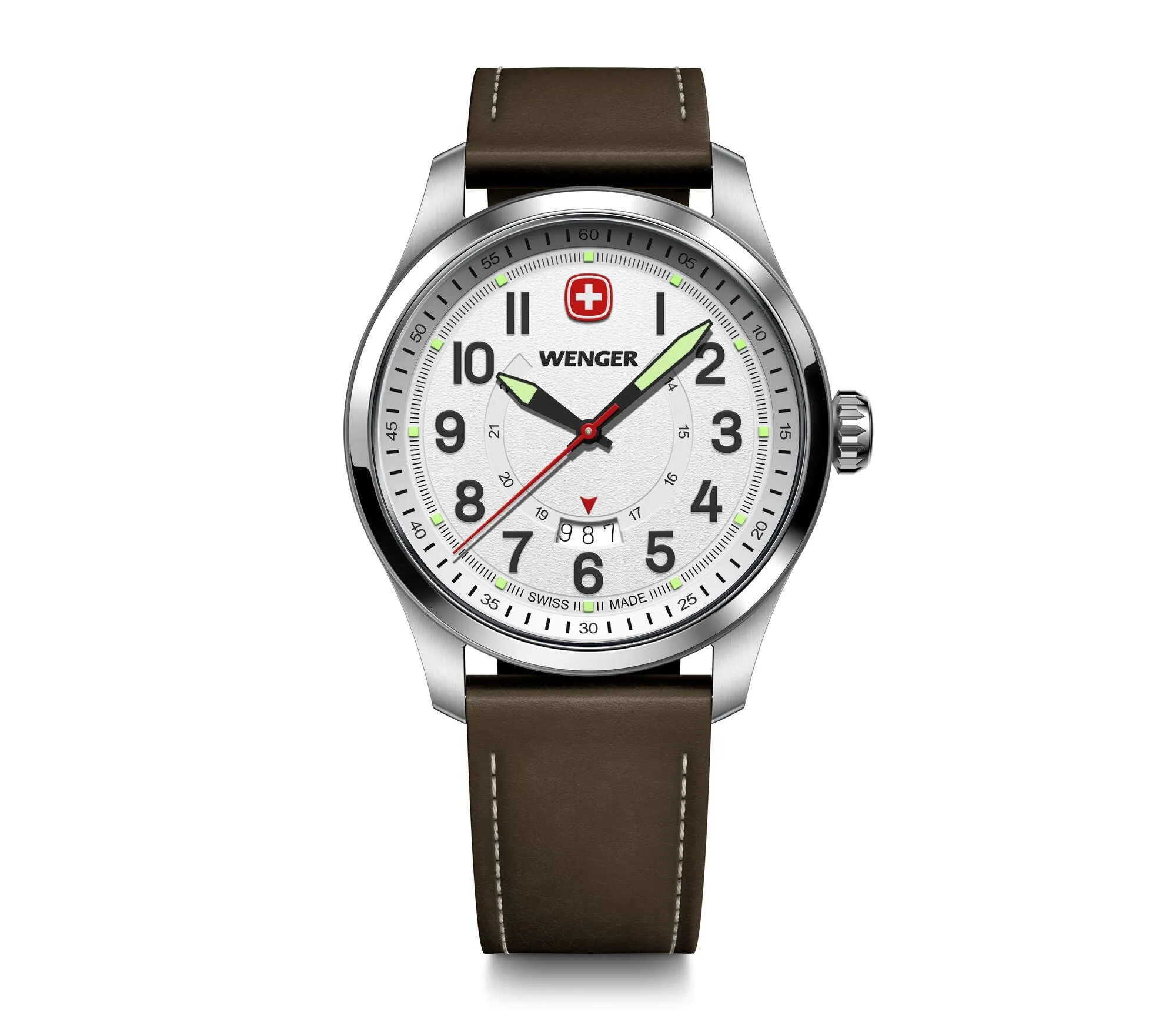 Wenger Terragraph 43 mm White Dial Brown Leather Watch 01.0541.120 