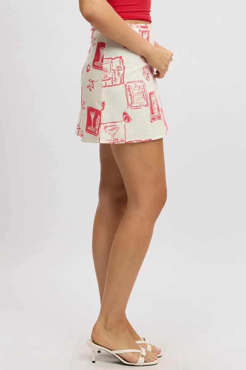 White Abstract Wrap Skirt High Rise Mini Linen Blend