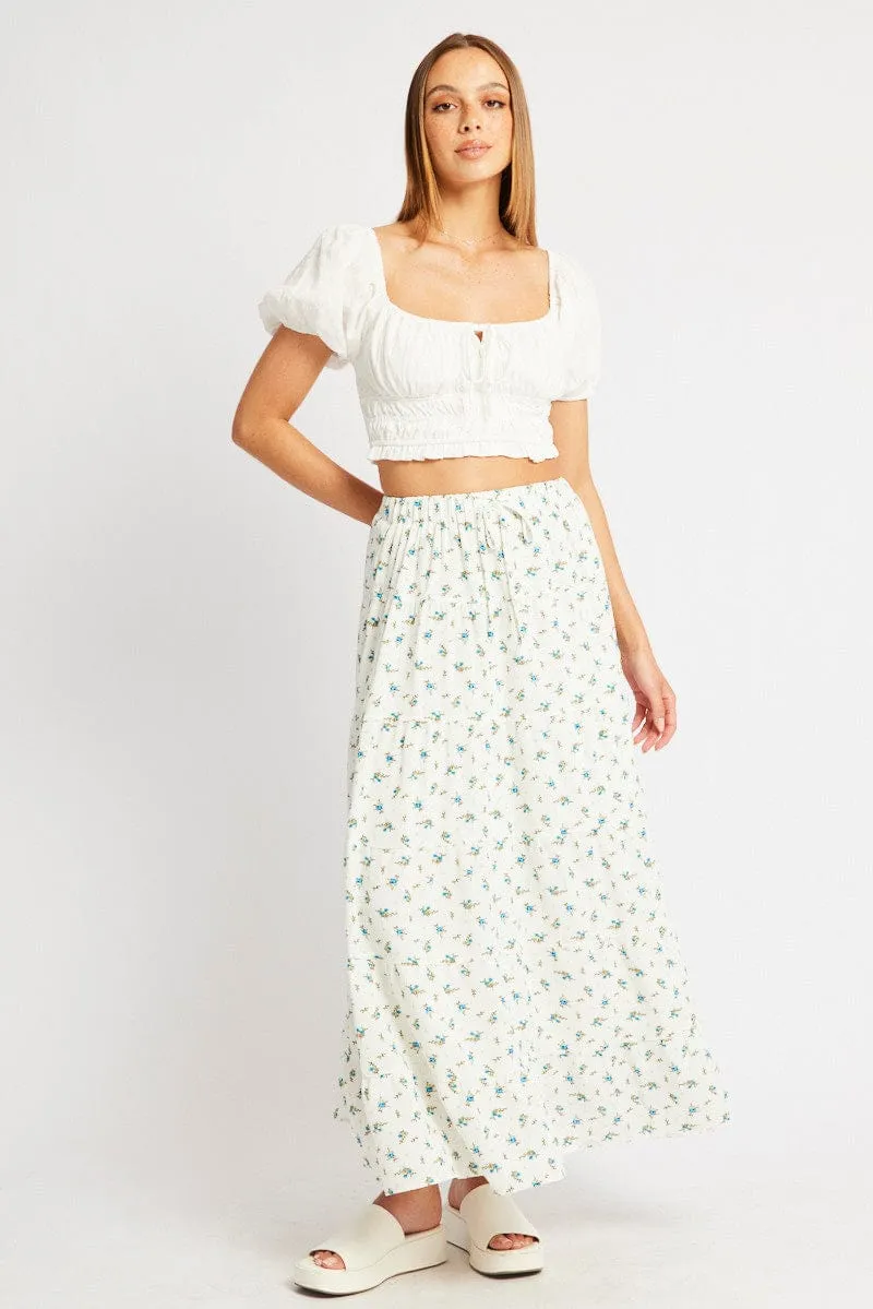 White Ditsy Maxi Skirt Tiered High Rise Lined,skirt,denim skirt,mini skirt,maxi skirt,jean skirt,skort,tennis skirt,pleated skirt,pencil skirt,bubble skirt,plisse skirt,fitted skirt,midi skirt,short skirt,short mini skirt,leather skirt,a line skirt