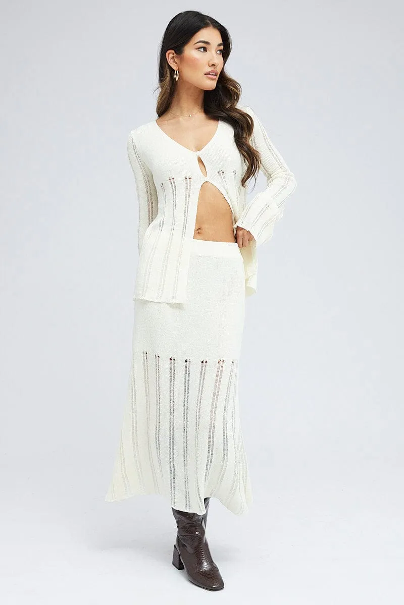 White Midi Skirt High Waisted A-line Ladder Knit,skirt,denim skirt,mini skirt,maxi skirt,jean skirt,skort,tennis skirt,pleated skirt,pencil skirt,bubble skirt,plisse skirt,fitted skirt,midi skirt,short skirt,short mini skirt,leather skirt,a line skirt,Spli