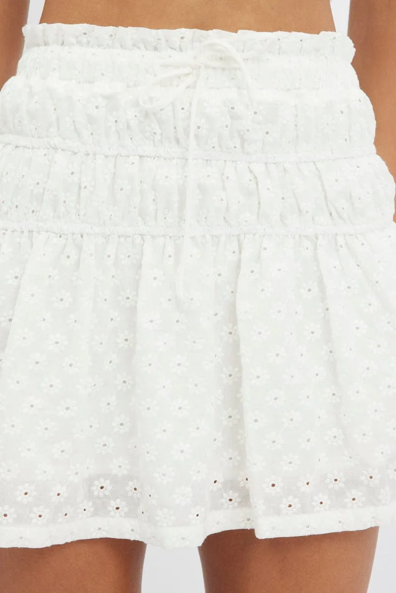 White Skater Skirt Shirred Waist Eyelet Broidery