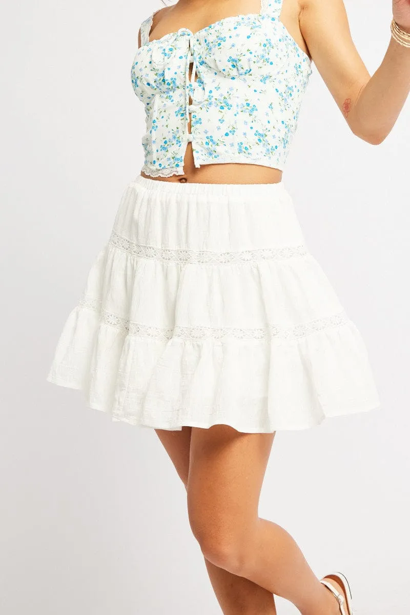 White Skater Skirt Tiered High Rise Mini Lace Insert,skirt,denim skirt,mini skirt,maxi skirt,jean skirt,skort,tennis skirt,pleated skirt,pencil skirt,bubble skirt,plisse skirt,fitted skirt,midi skirt,short skirt,short mini skirt,leather skirt,a line skirt