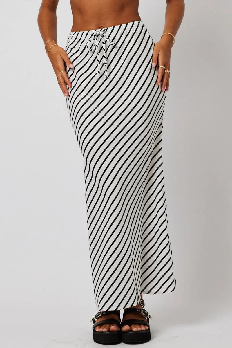 White Stripe Slip Skirt Maxi Drawstring Waist,skirt,denim skirt,mini skirt,maxi skirt,jean skirt,skort,tennis skirt,pleated skirt,pencil skirt,bubble skirt,plisse skirt,fitted skirt,midi skirt,short skirt,short mini skirt,leather skirt,a line skirt,Split s