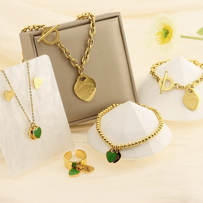 Wholesale 18K Gold-plated Heart-shaped Open Glossy Clavicle Chain Multi-color Epoxy Titanium Steel Ring Set light_wish_jewels