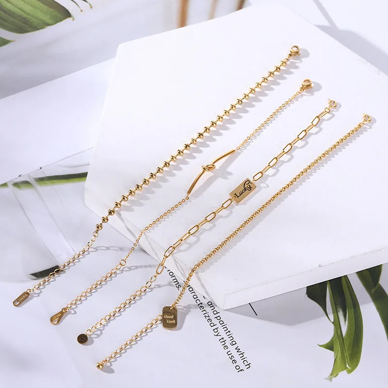 Wholesale 18K gold-plated titanium steel trendy simple geometric tag round bead chain bracelet