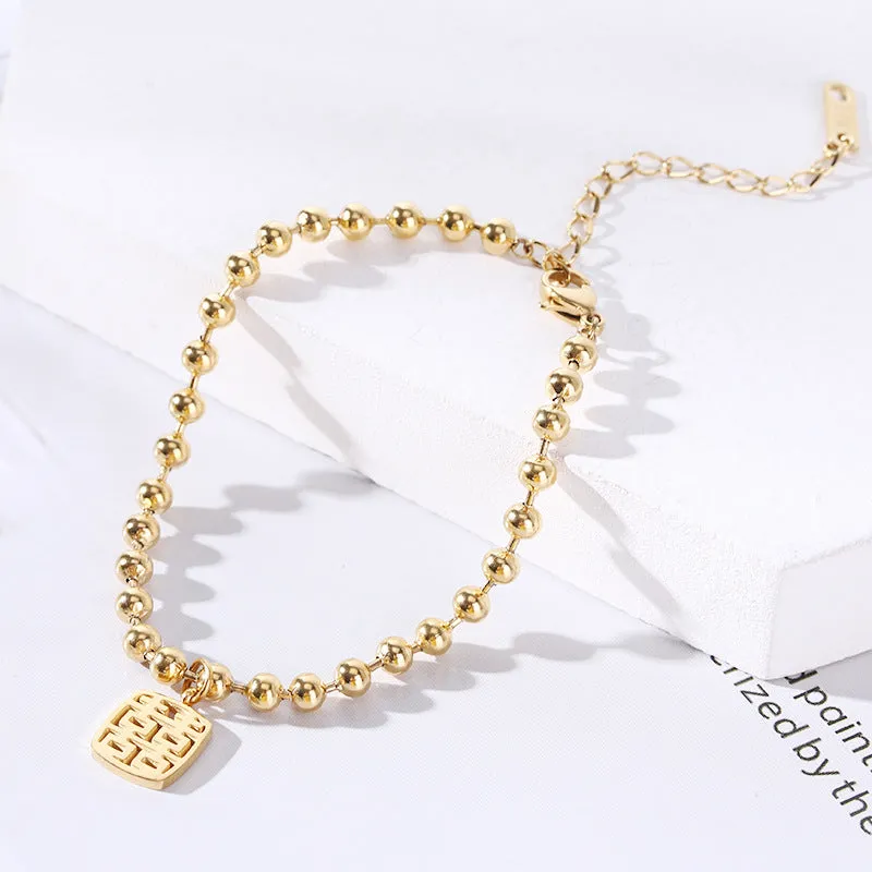 Wholesale 18K gold-plated titanium steel trendy simple geometric tag round bead chain bracelet