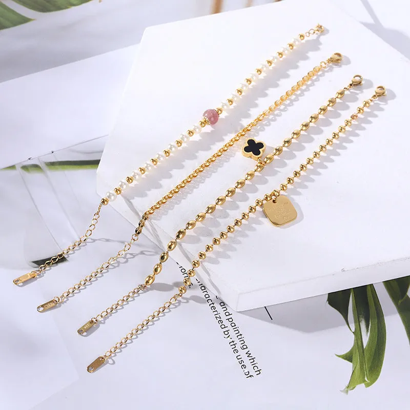 Wholesale 18K gold-plated titanium steel trendy simple geometric tag round bead chain bracelet