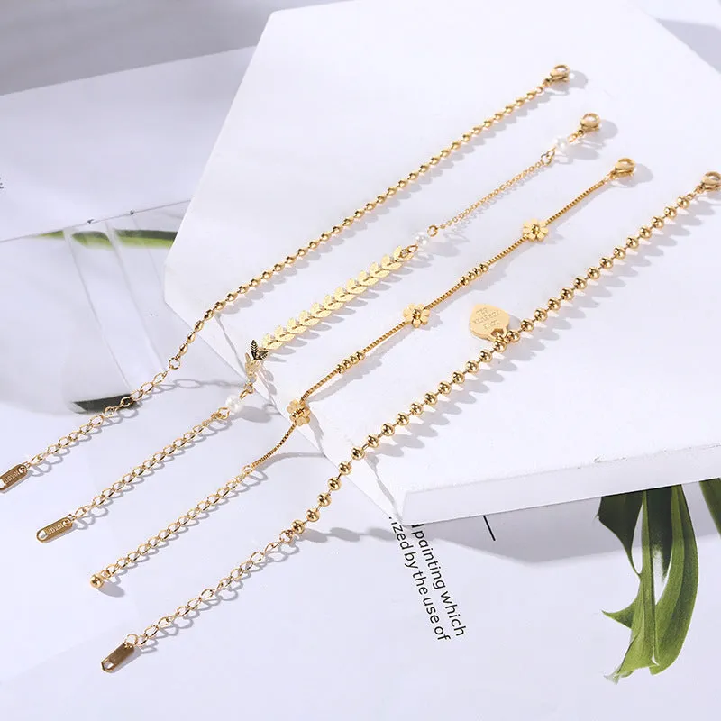 Wholesale 18K gold-plated titanium steel trendy simple geometric tag round bead chain bracelet