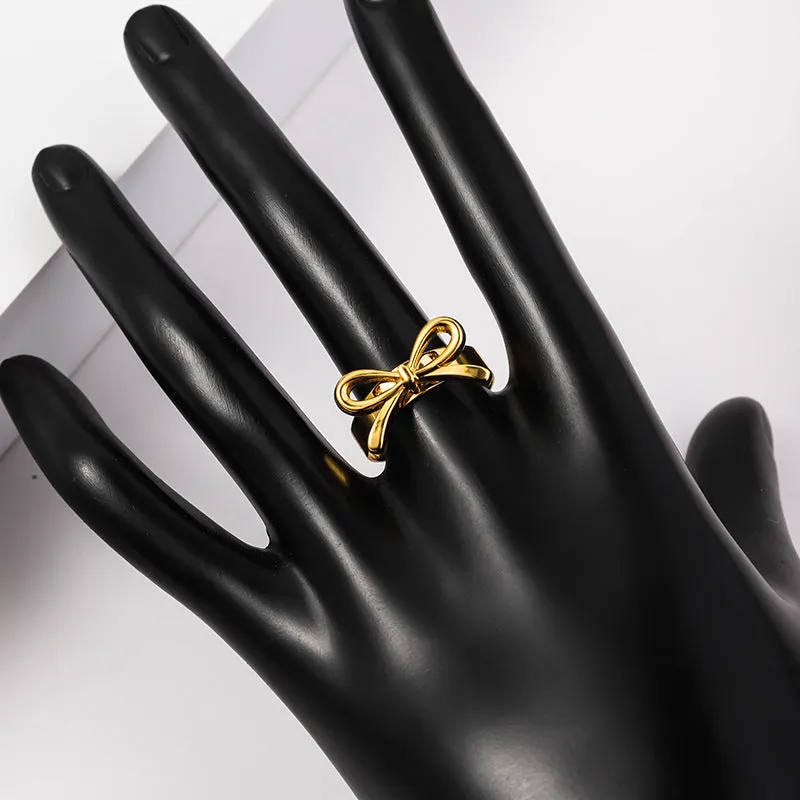 Wholesale 18K stainless steel ribbon knot heart-shaped open adjustable ring