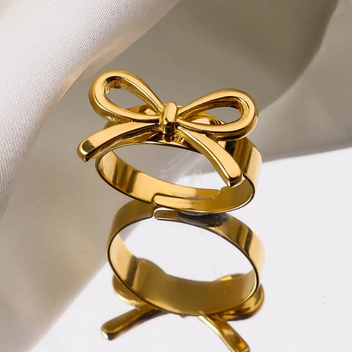 Wholesale 18K stainless steel ribbon knot heart-shaped open adjustable ring