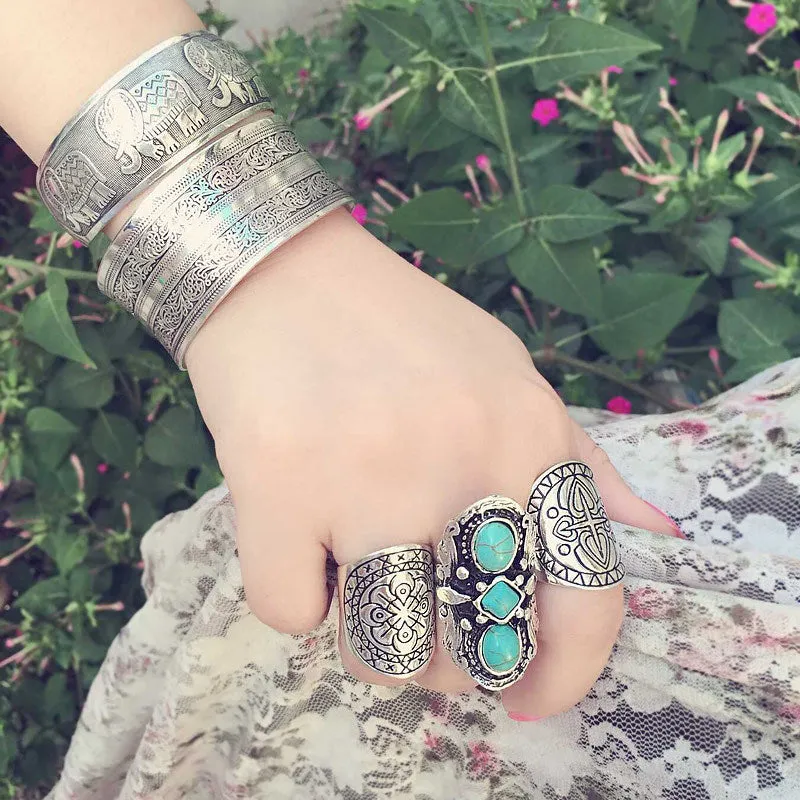 Wholesale Ancient silver open bracelet for women retro Bohemian ethnic style carved pattern elephant wide Bracelet jewelry