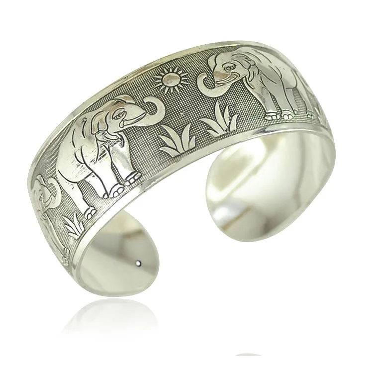 Wholesale Ancient silver open bracelet for women retro Bohemian ethnic style carved pattern elephant wide Bracelet jewelry