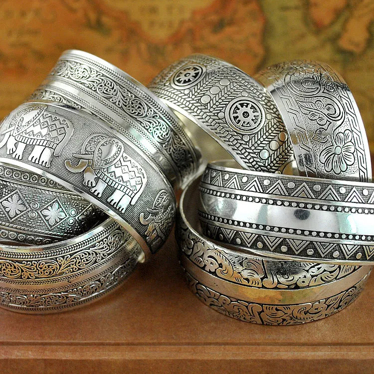 Wholesale Ancient silver open bracelet for women retro Bohemian ethnic style carved pattern elephant wide Bracelet jewelry light_wish_jewels