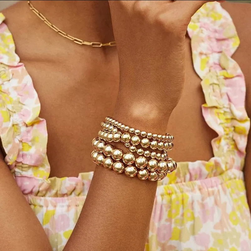 Wholesale beaded gold bracelet men's and women's color-retaining gold-plated elastic multi-layer stacked round bead bracelet bracelet light_wish_jewels