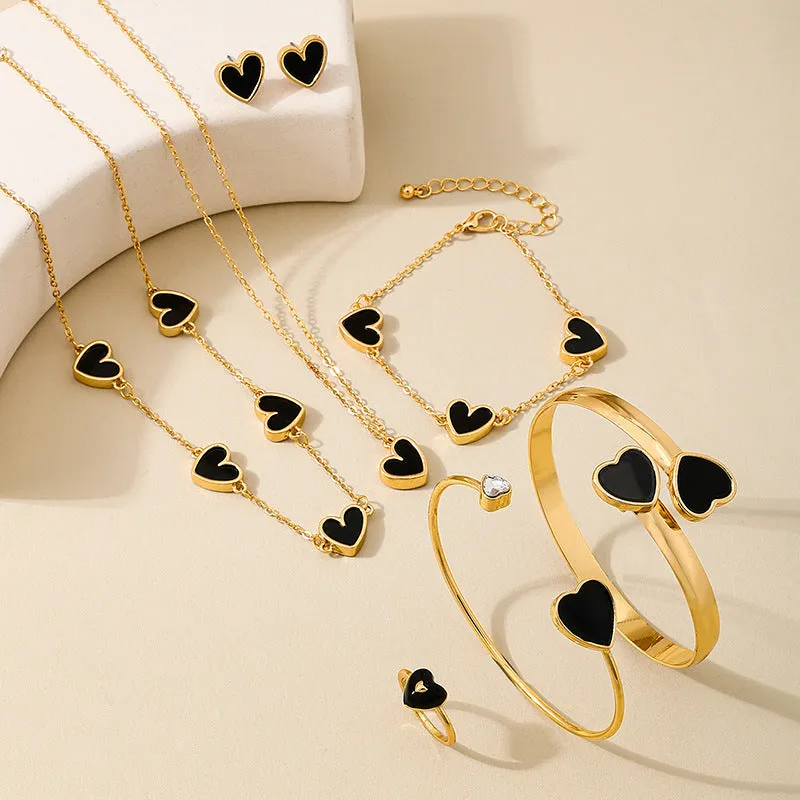Wholesale Black Peach Heart Women Necklace Earrings Bracelet Ring Jewelry suit