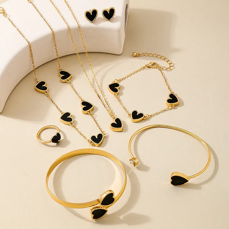 Wholesale Black Peach Heart Women Necklace Earrings Bracelet Ring Jewelry suit