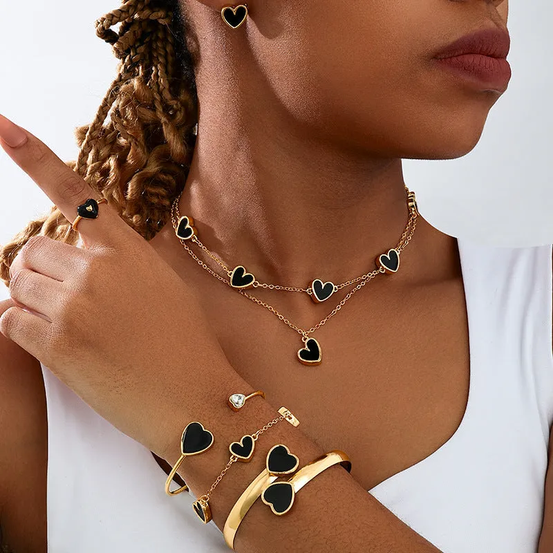Wholesale Black Peach Heart Women Necklace Earrings Bracelet Ring Jewelry suit light_wish_jewels
