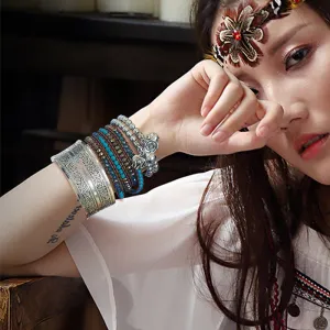 Wholesale  Bohemian Flower Teng Ancient Miao Silver Bracele Retro Wide Tibetan Silver Bracelet light_wish_jewels