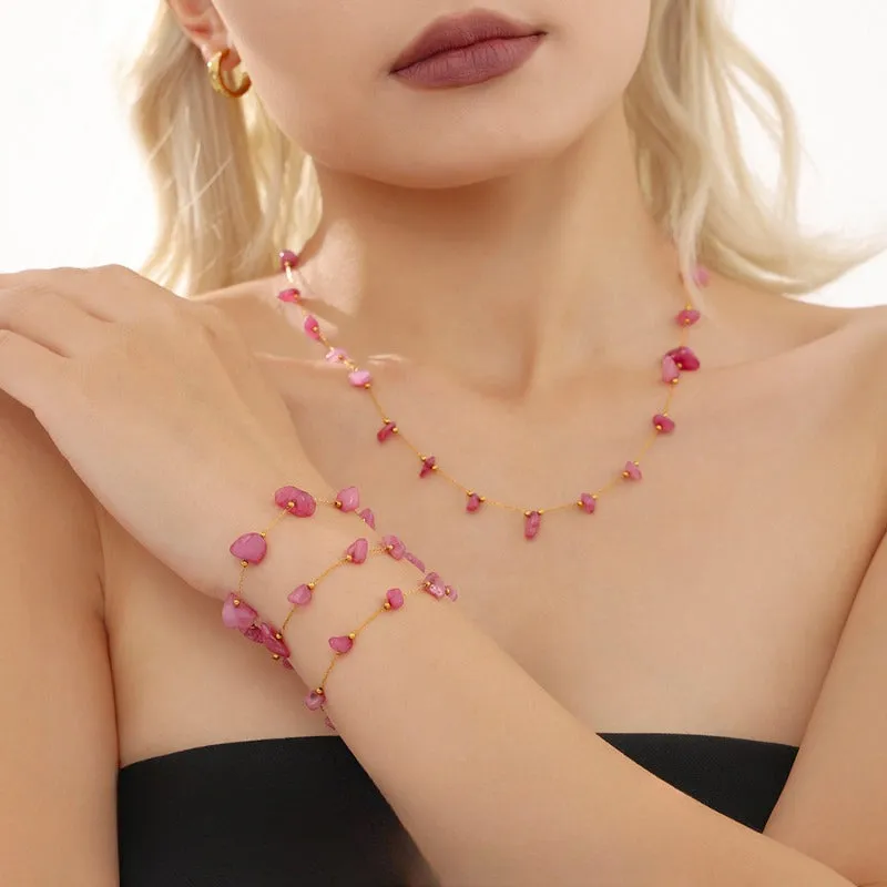 Wholesale Bohemian Pink Natural Stone Light Luxury Handmade Clavicle Necklace Bracelet Stainless Steel Women's Exquisite Set light_wish_jewels