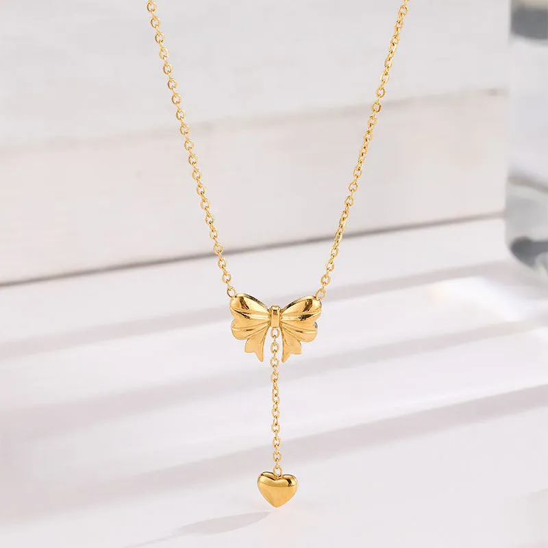 Wholesale Bow Heart Tassel Titanium Steel Necklace light_wish_jewels