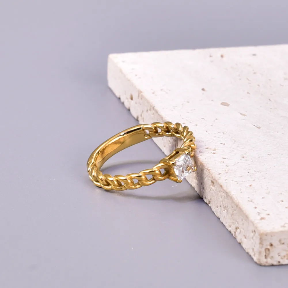 Wholesale Chain-style Square Zircon Ring Titanium Steel Plated 18K Gold Fashion Personality Ring