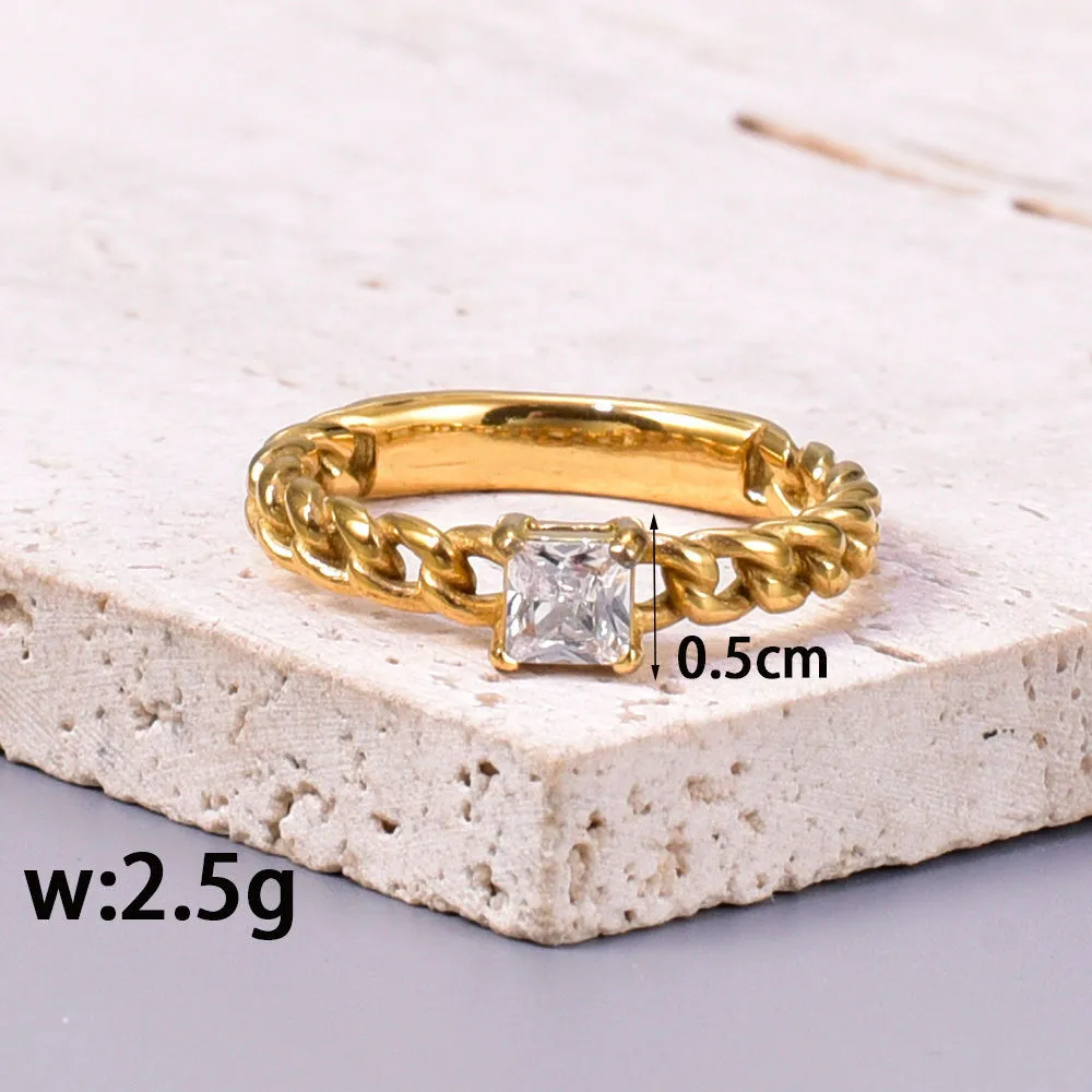Wholesale Chain-style Square Zircon Ring Titanium Steel Plated 18K Gold Fashion Personality Ring