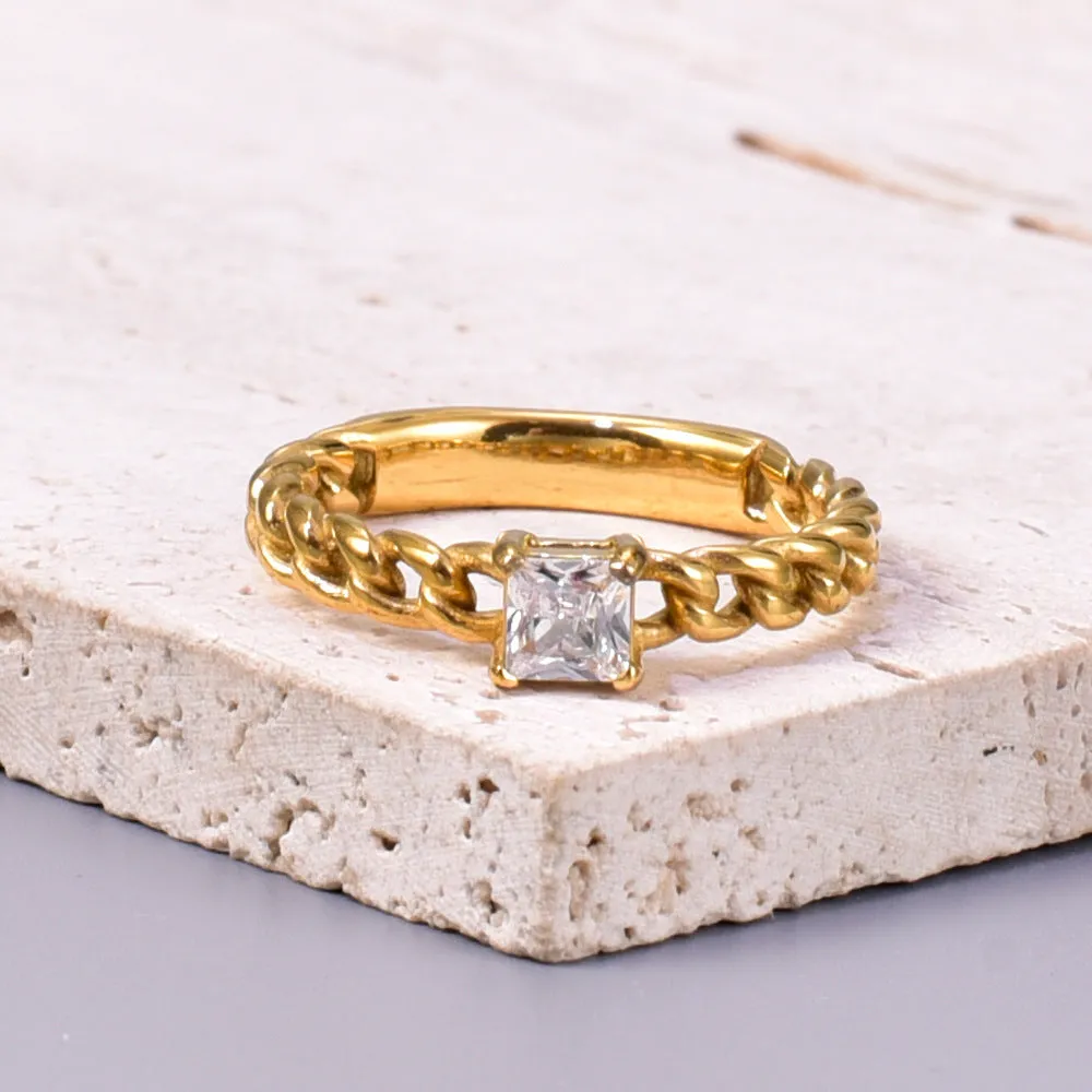 Wholesale Chain-style Square Zircon Ring Titanium Steel Plated 18K Gold Fashion Personality Ring light_wish_jewels