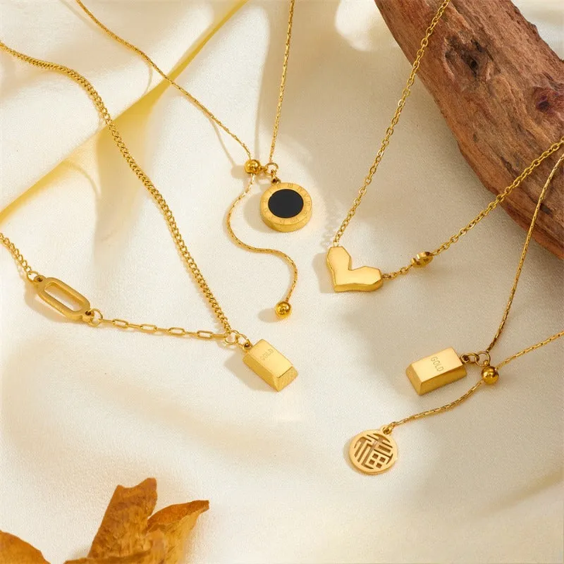 Wholesale Chinese Style Blessing Character To Attract Wealth and Fortune 18K Gold Plated Anti-allergic Titanium Steel Non-fading Necklaces light_wish_jewels