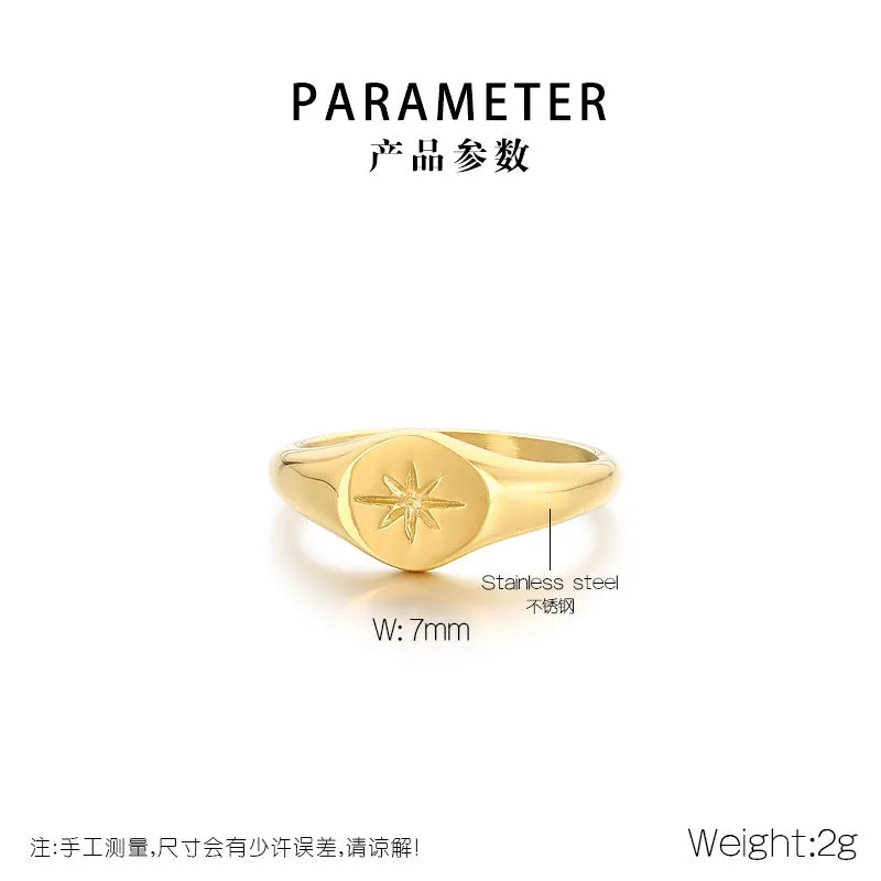 Wholesale Cold Style Oval Polished Diamond Eight-pointed Star Stainless Steel 18K Gold-plated Rings