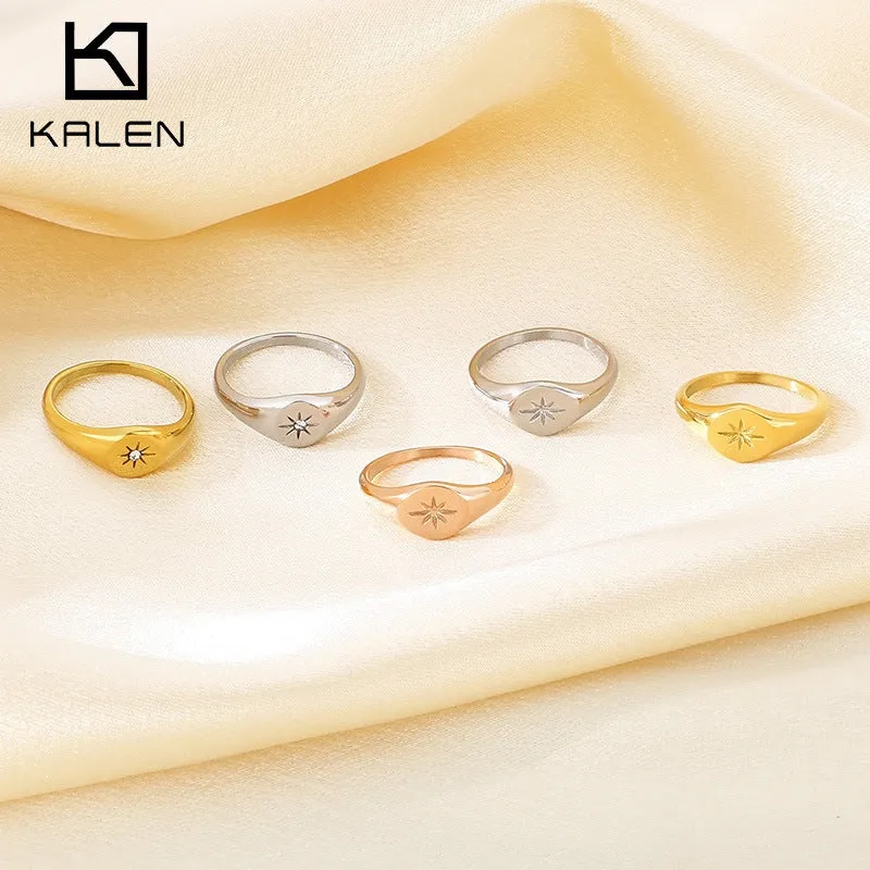 Wholesale Cold Style Oval Polished Diamond Eight-pointed Star Stainless Steel 18K Gold-plated Rings light_wish_jewels