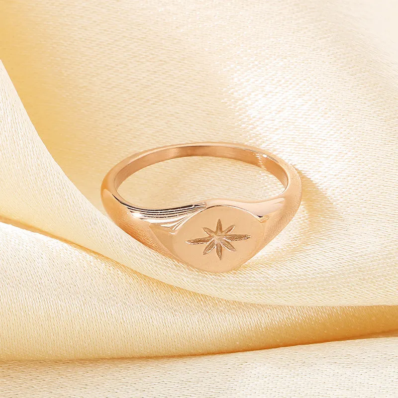 Wholesale Cold Style Oval Polished Diamond Eight-pointed Star Stainless Steel 18K Gold-plated Rings