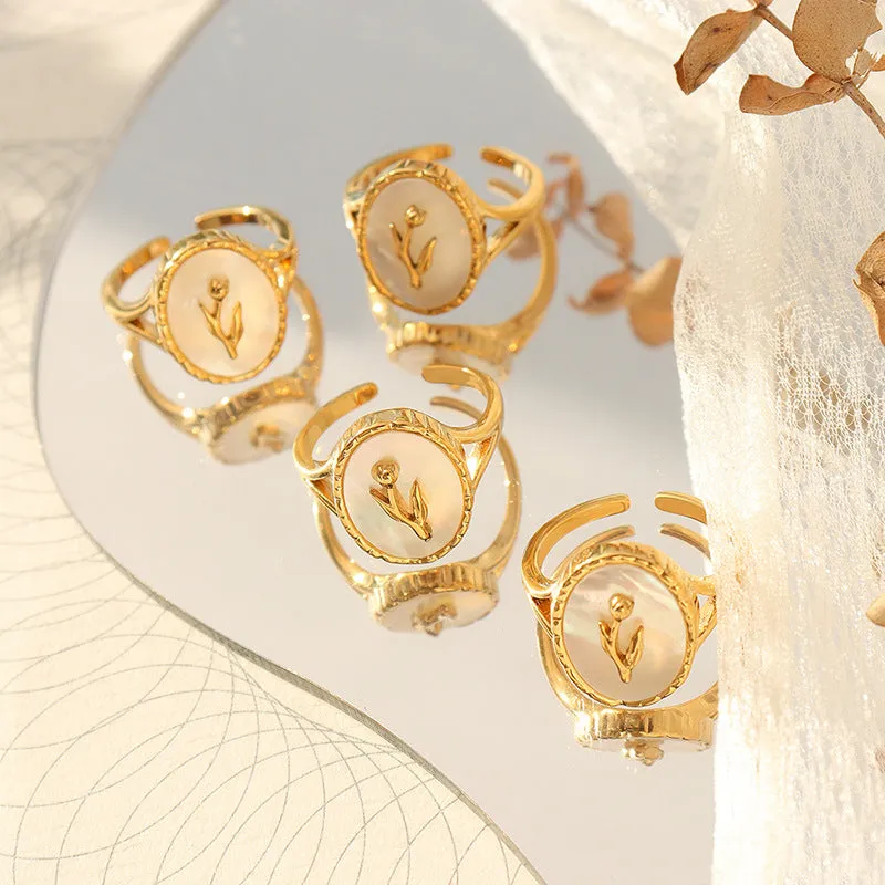 Wholesale Copper Geometric White Seashell Flower Open Ring light_wish_jewels